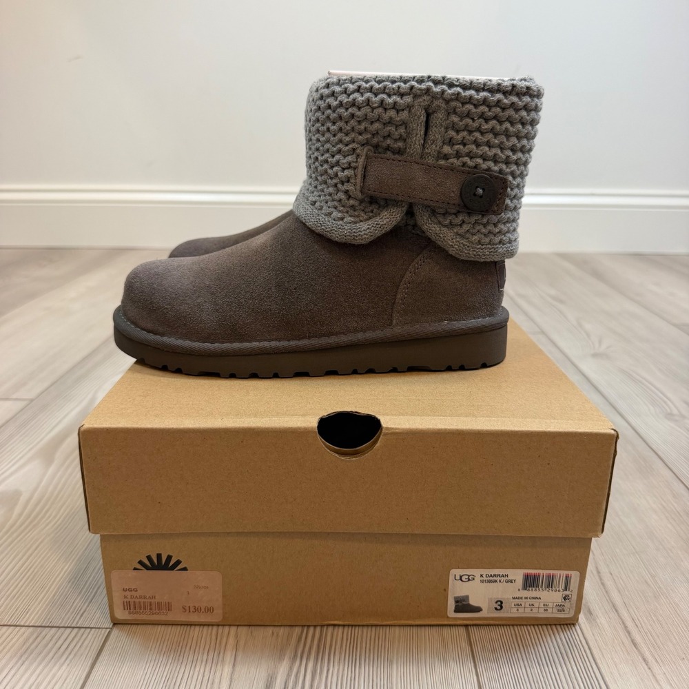 NEW UGG K Darrah Grey Suede Knit Button Boots Kids Size 3 1013859K